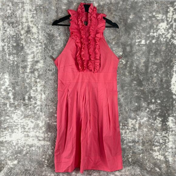 BCBGMaxazria Size 12 Halter Neck Ruffle Flare Dress Pink Tie Sleeveless Button - Picture 1 of 13